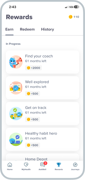 App Screen for Healthy actions = rewards